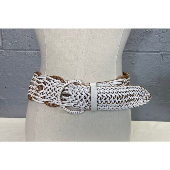 White Brown Woven Braided Leather Belt Linea Pelle Hippie Boho Retro - Picture 5 of 10